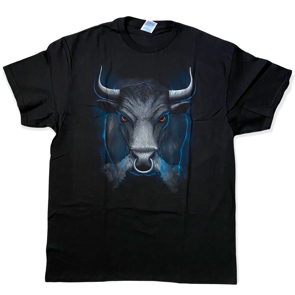 Raging Bull Head Red Eyes Nose Ring Black Crew Neck T-Shirt-Unisex-Adult L-NWOT